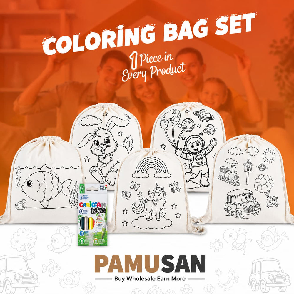 Wrapped Fun Set 5 | Colorable Drawstring Backpacks 14"x16" + Fabric Paint Marker - Pamusan.com