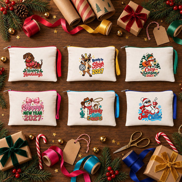 Kerst polstasje – wristlet met gekleurde rits en polslus 21 × 15 cm, 6 kleuren, 9 ontwerpen voor Kerst & Nieuwjaar 2027 – katoenen gabardine - Pamusan.nl