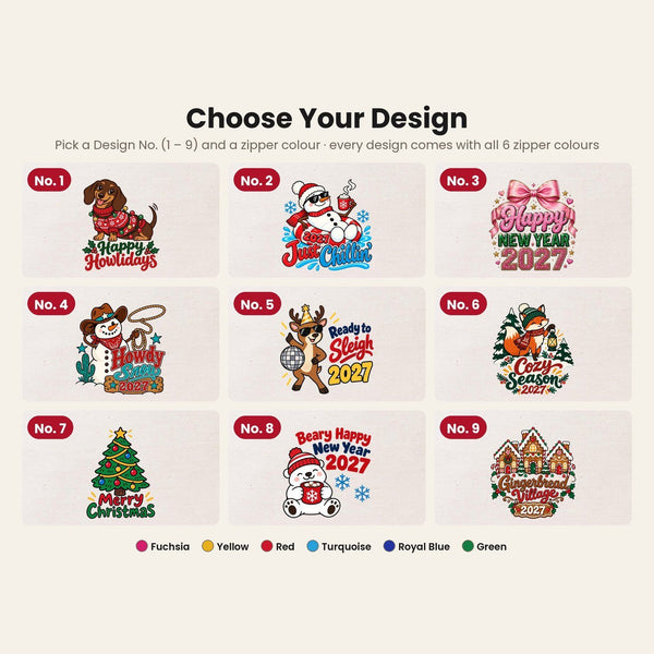 Kerst polstasje – wristlet met gekleurde rits en polslus 21 × 15 cm, 6 kleuren, 9 ontwerpen voor Kerst & Nieuwjaar 2027 – katoenen gabardine - Pamusan.nl