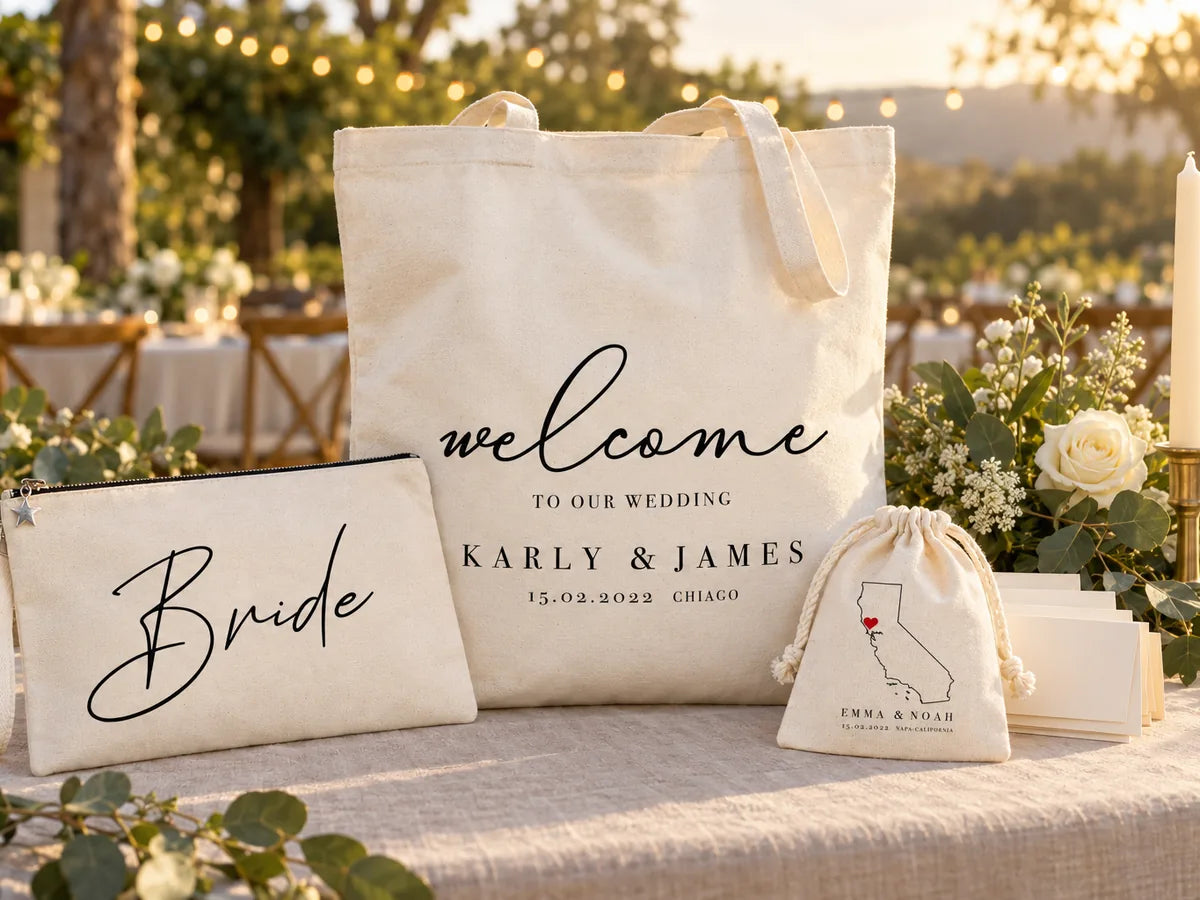 Welkomsttafel met linnen kleed in het gouden uur: welkomsttas ‘Karly & James’ rechtop, ervoor een clutch met rits ‘Bride’, rechts een trekkoordzakje ‘Emma & Noah’ met kaart van Californië, witte rozen, eucalyptus en een kaars
